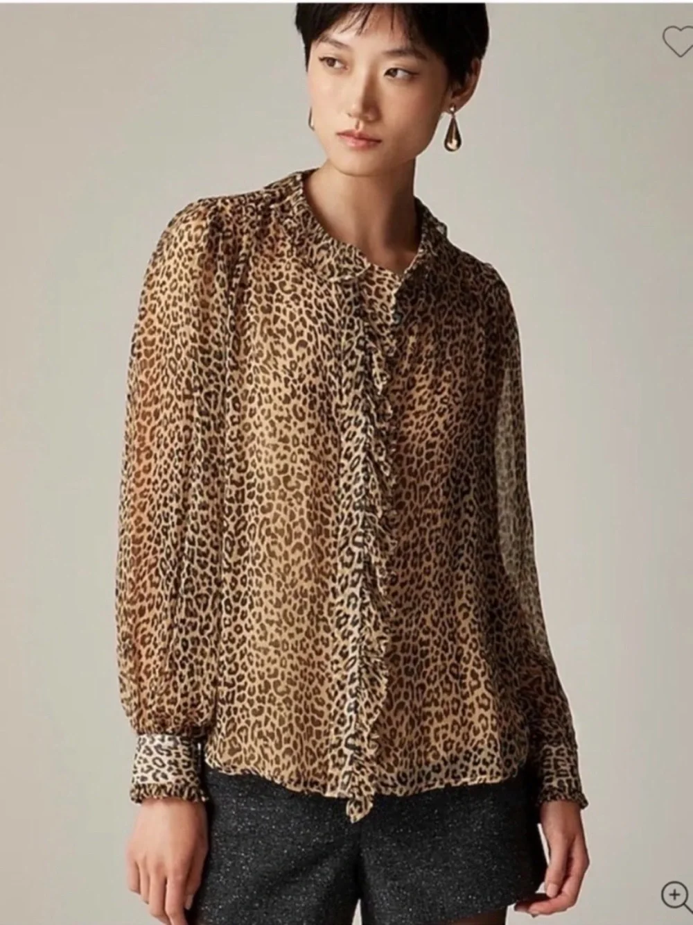 J. Crew Leopard Ruffle Button Up Crinkle Chiffon Long Sleeve Blouse Size 6